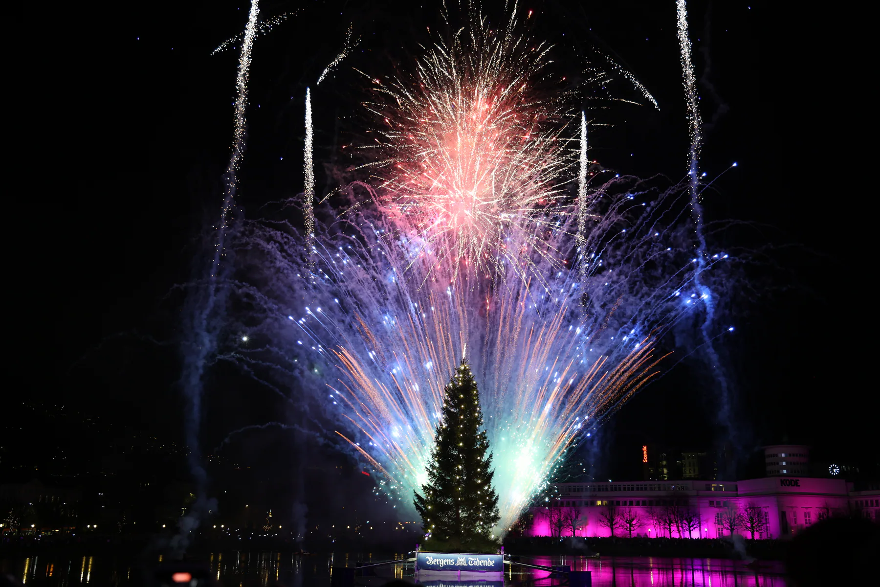 Colourful fireworks rising above a Christmas tree and reflected in water