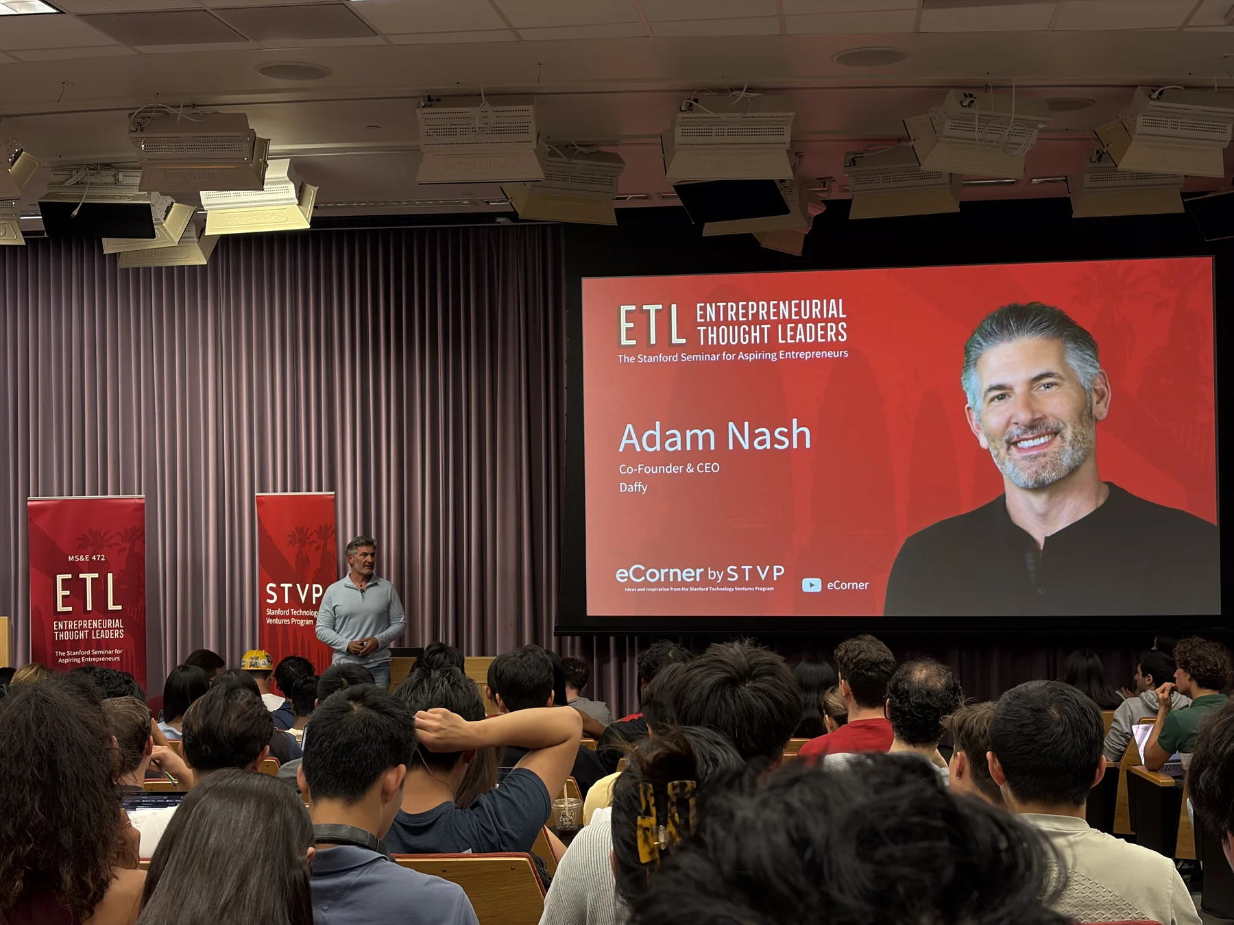 Adam Nash speaking at Stanford’s Entrepreneurial Thought Leaders seminar in NVIDIA Auditorium.